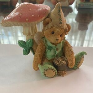 Enesco Cherished Teddy Figurine with Red Mushroom and Green Accents